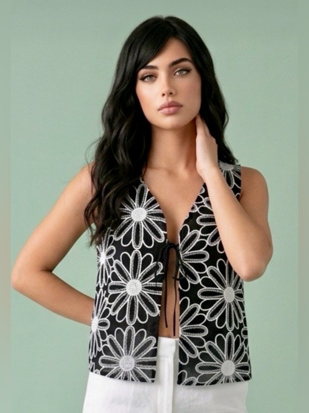 Calypso St. Barth Black Vest with White Daisy Embroidery & Tie Front XS
